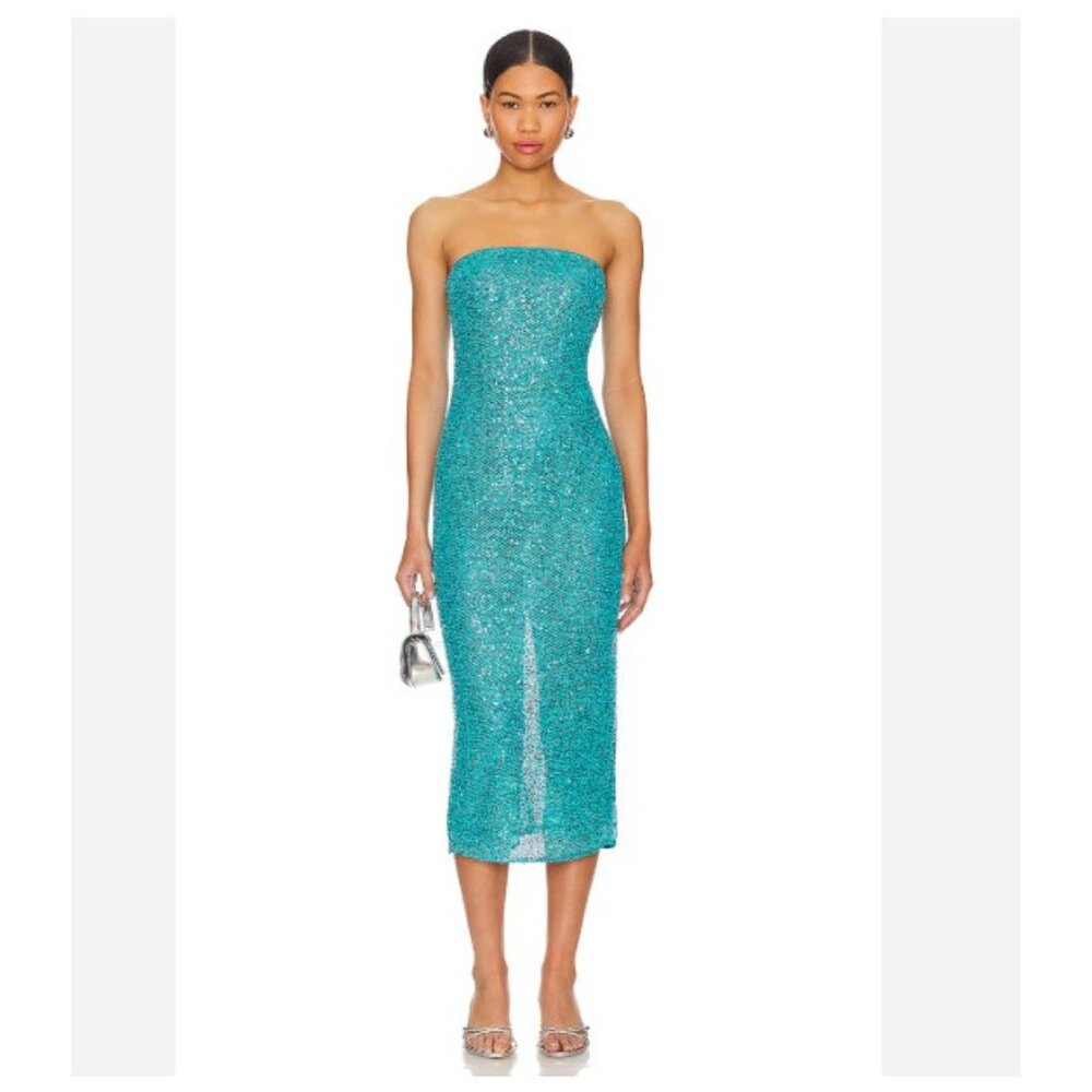 NBD Aine Dress Womens XS Blue Sequin Strapless Midi Bodycon Party Cocktail Eveni